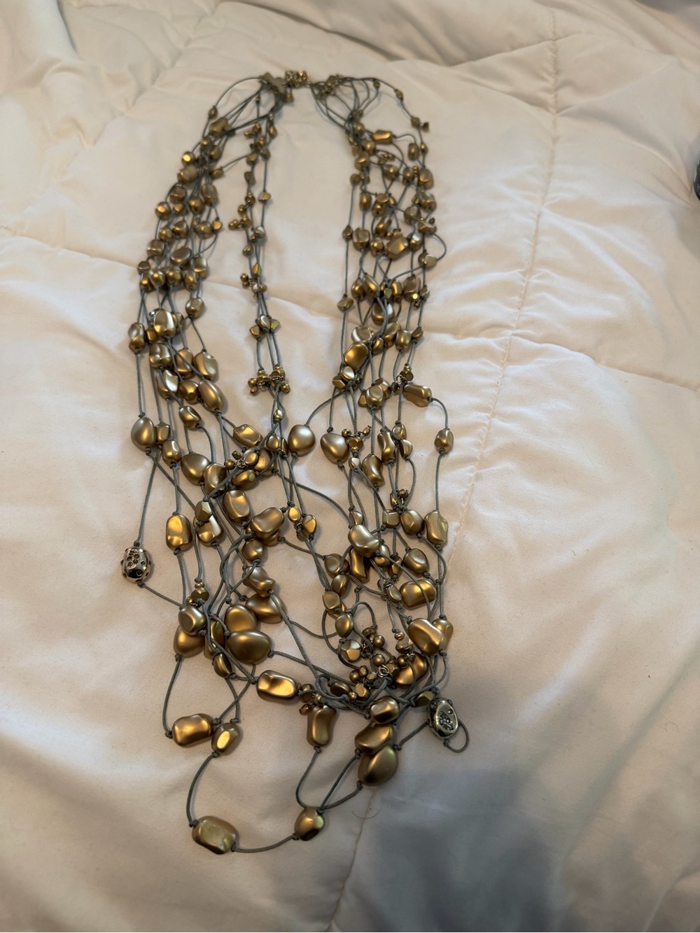Chico's Multi-Strand Gold Bead Necklace with Gray Cords